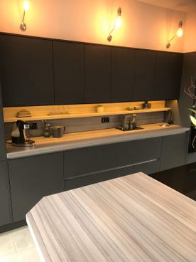 Ocean Wood Worktop with Ocean Wood Floating Shelf and backsplash